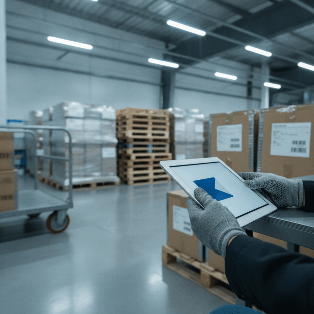 Employé consultant une tablette dans un entrepôt logistique pour le traitement conforme RGPD des commandes