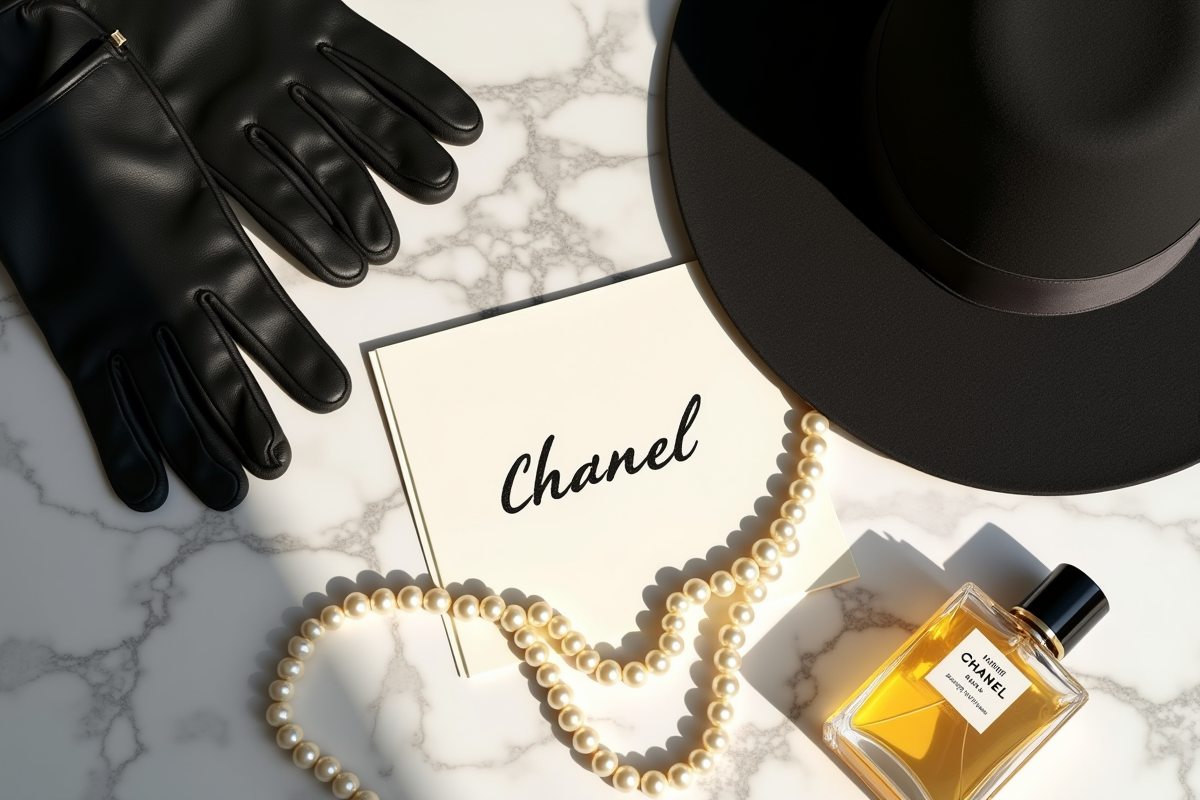 Disposition d accessoires Chanel avec perles et parfum en lumière naturelle