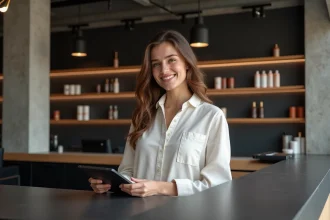Accueil minimaliste d'un studio de coupe à Paris avec réceptionniste souriante et décor moderne en béton et bois