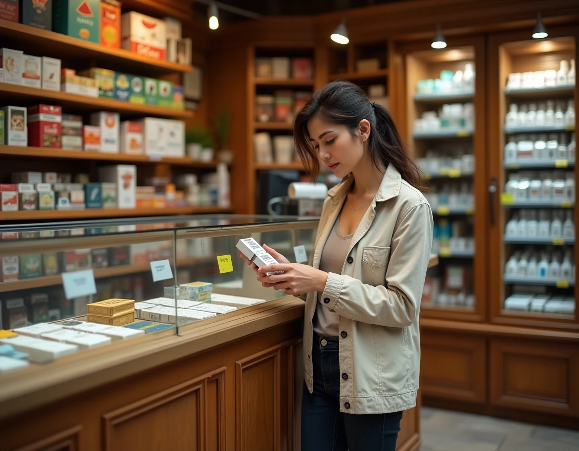 Femme tenant un carton de cigarettes dans un bureau de tabac en Andorre avec des rayons de produits en arrière-plan
