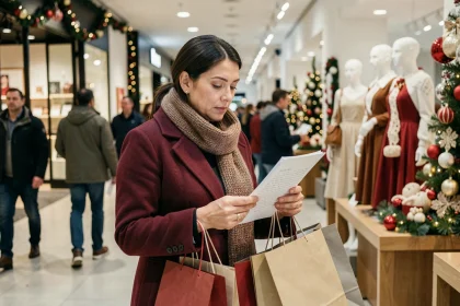 Femme faisant ses achats de Noël dans un grand magasin ouvert le dimanche avec des sacs et une liste de cadeaux