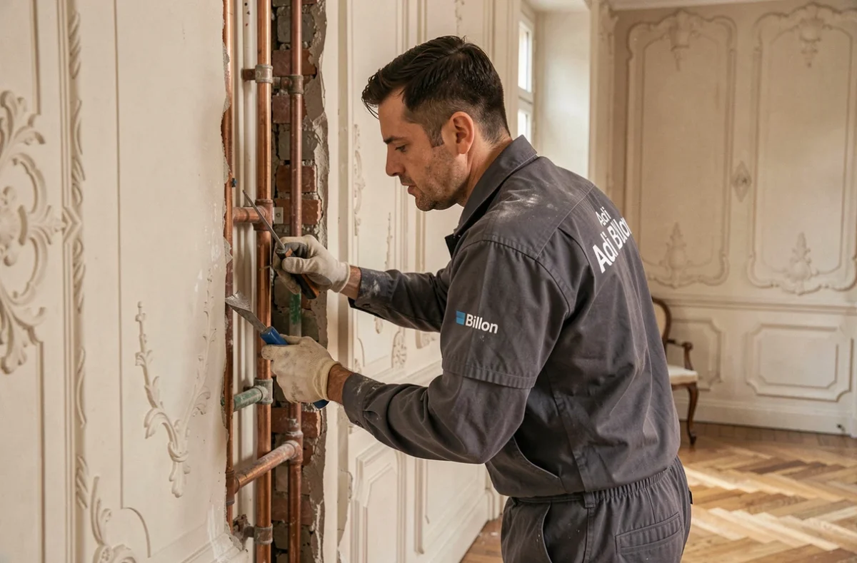 Technicien Adi Billon Dépannage inspectant une canalisation dans un appartement haussmannien à Nice