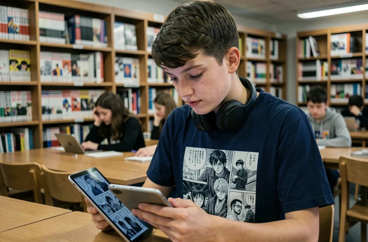 Adolescent lisant des scans de manga sur une tablette dans une bibliothèque publique française
