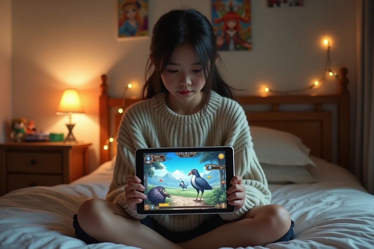 Adolescente jouant à un RPG fantasy sur tablette dans sa chambre, consultant une quête avec des créatures ailées