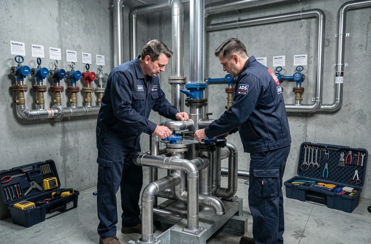 Deux techniciens d'A.D.S Assistance Dépannage Service travaillant sur un réseau de tuyauterie complexe
