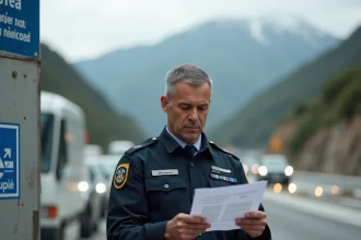 Agent des douanes français contrôlant une déclaration à un poste frontière entre la France et Andorre