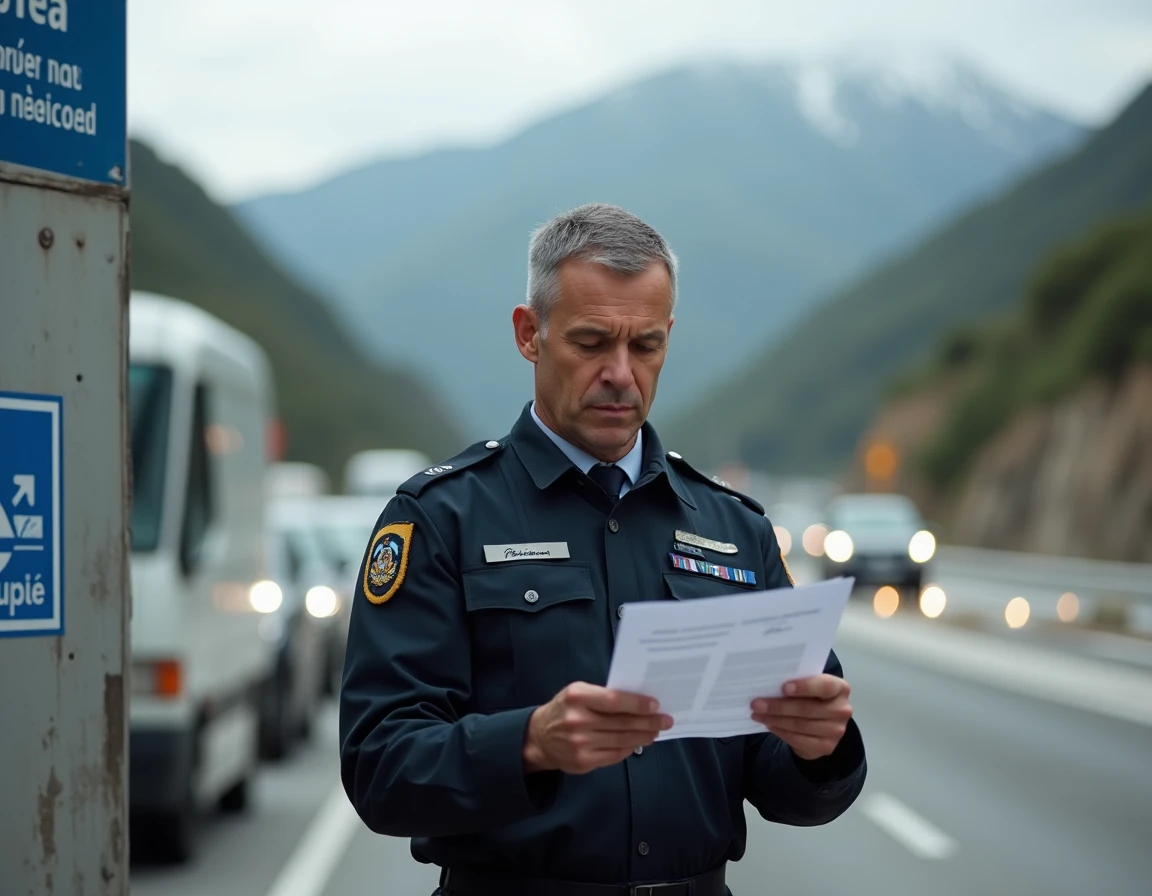 Agent des douanes français contrôlant une déclaration à un poste frontière entre la France et Andorre