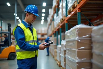 Agent logistique pesant une palette dans un entrepôt