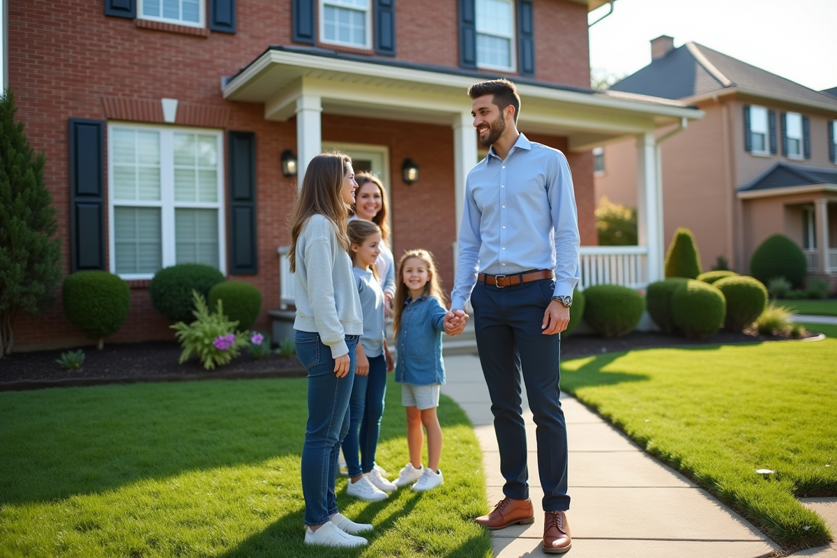 Jeune agent immobilier accueille une famille devant une maison rénovée