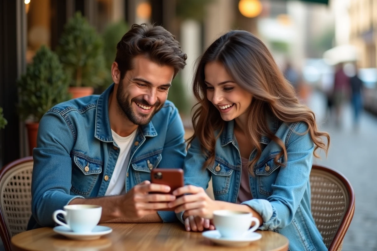 Deux amis dans un café en terrasse partageant un lien de tour gratuit Coin Master sur un smartphone