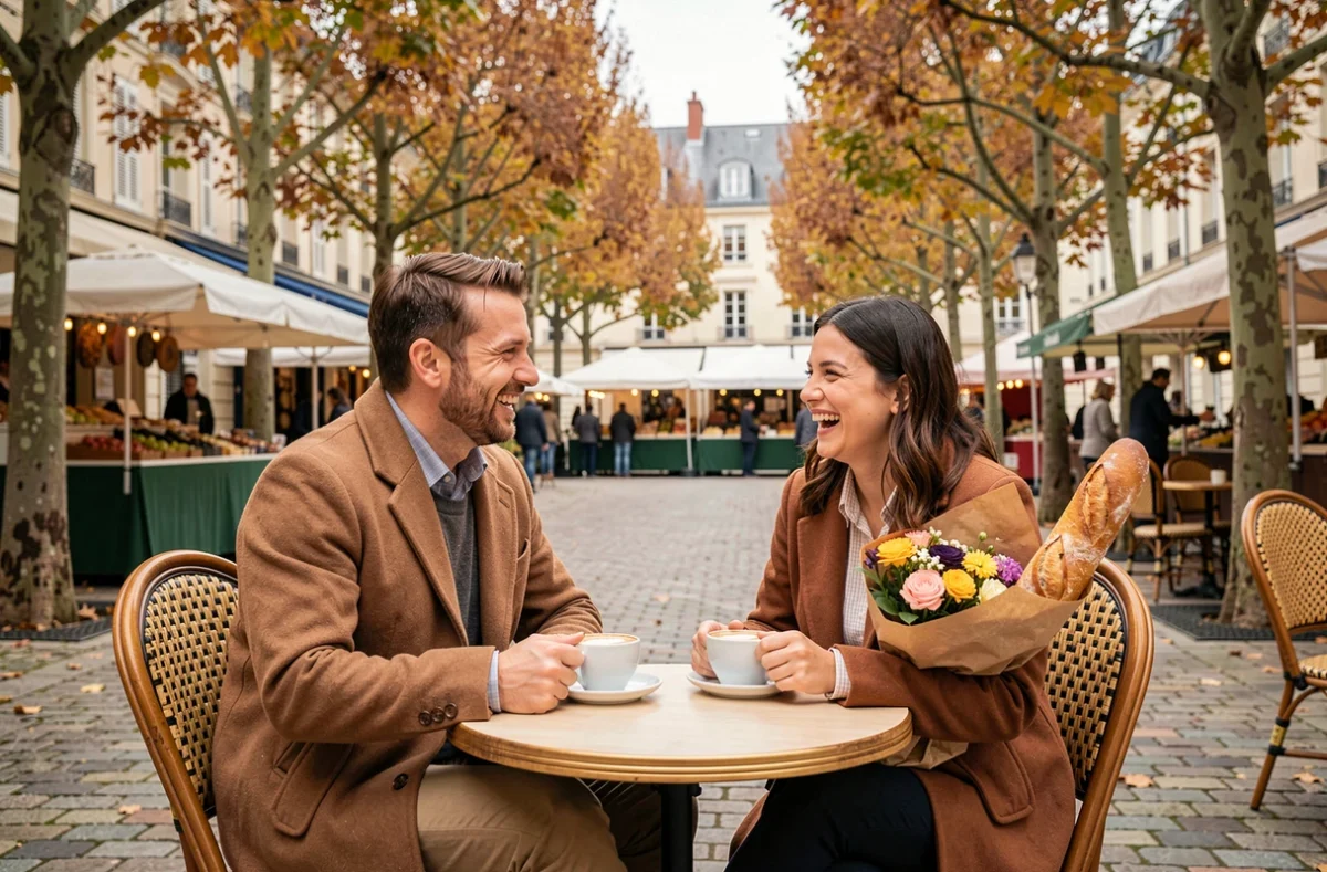 Deux amis savourant un café en terrasse près des étals du marché de Deauville en automne