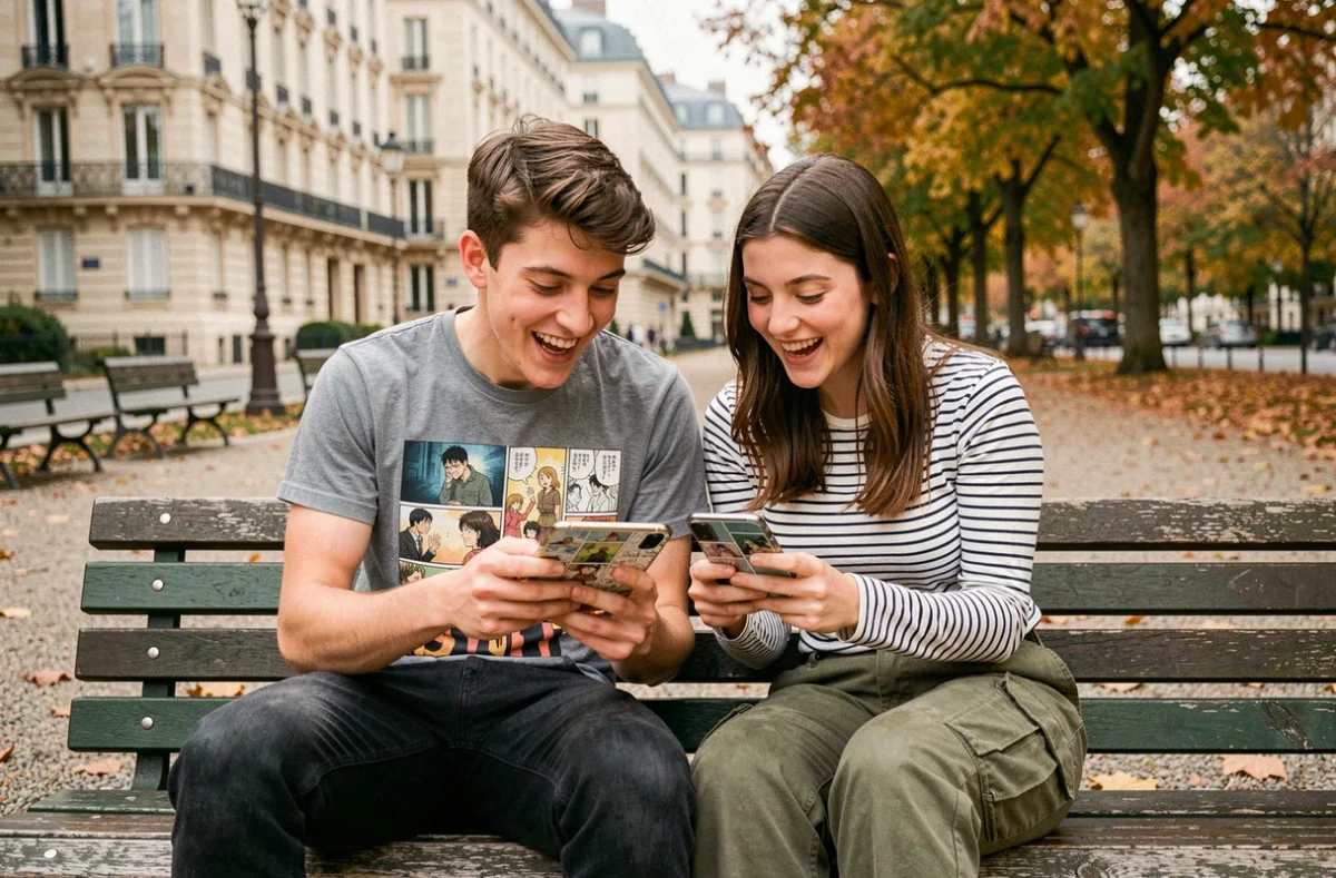 Deux jeunes fans de manga francophones regardant un scan sur smartphone dans un parc urbain français