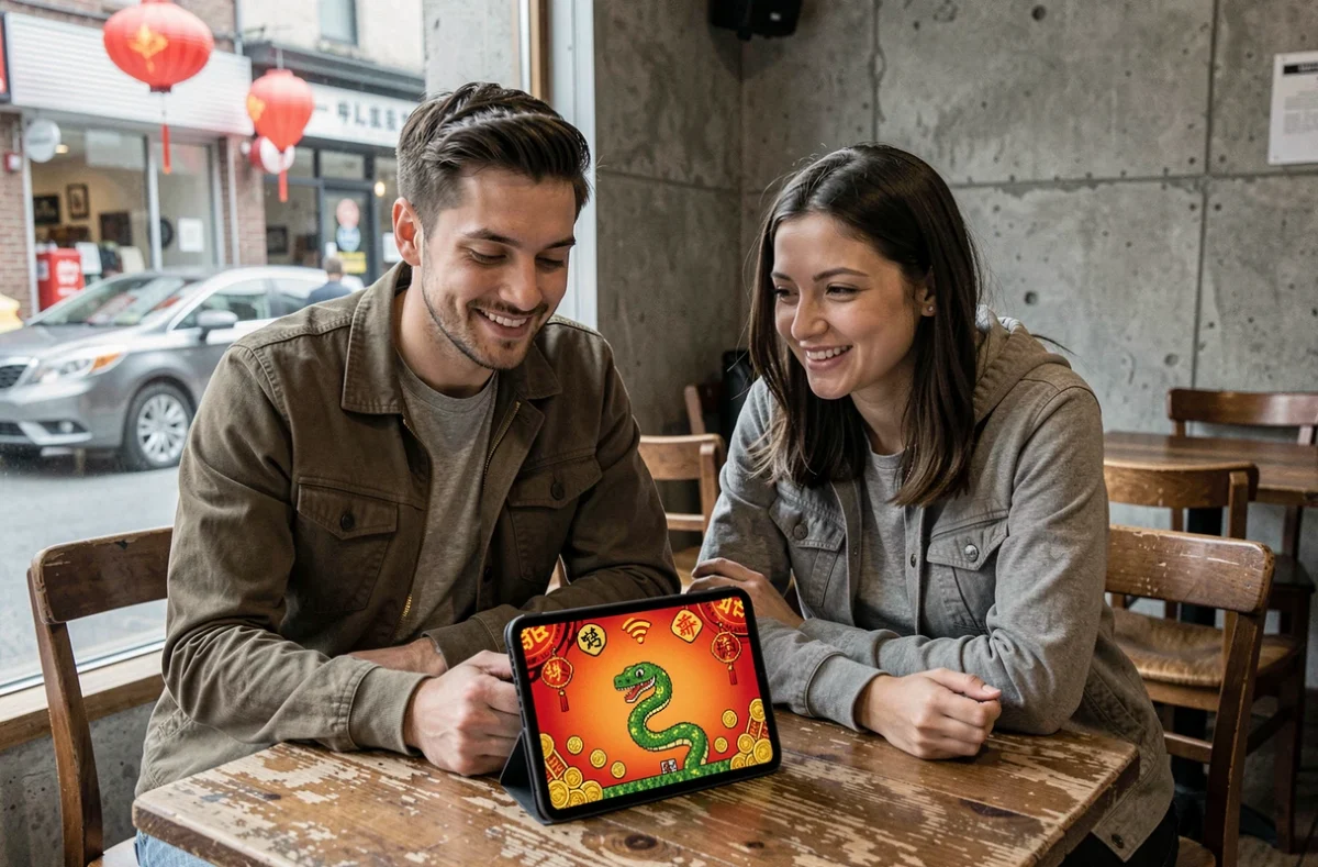 Deux amis jouant au jeu Google Serpent du Nouvel An Chinois sans connexion internet sur une tablette dans un café
