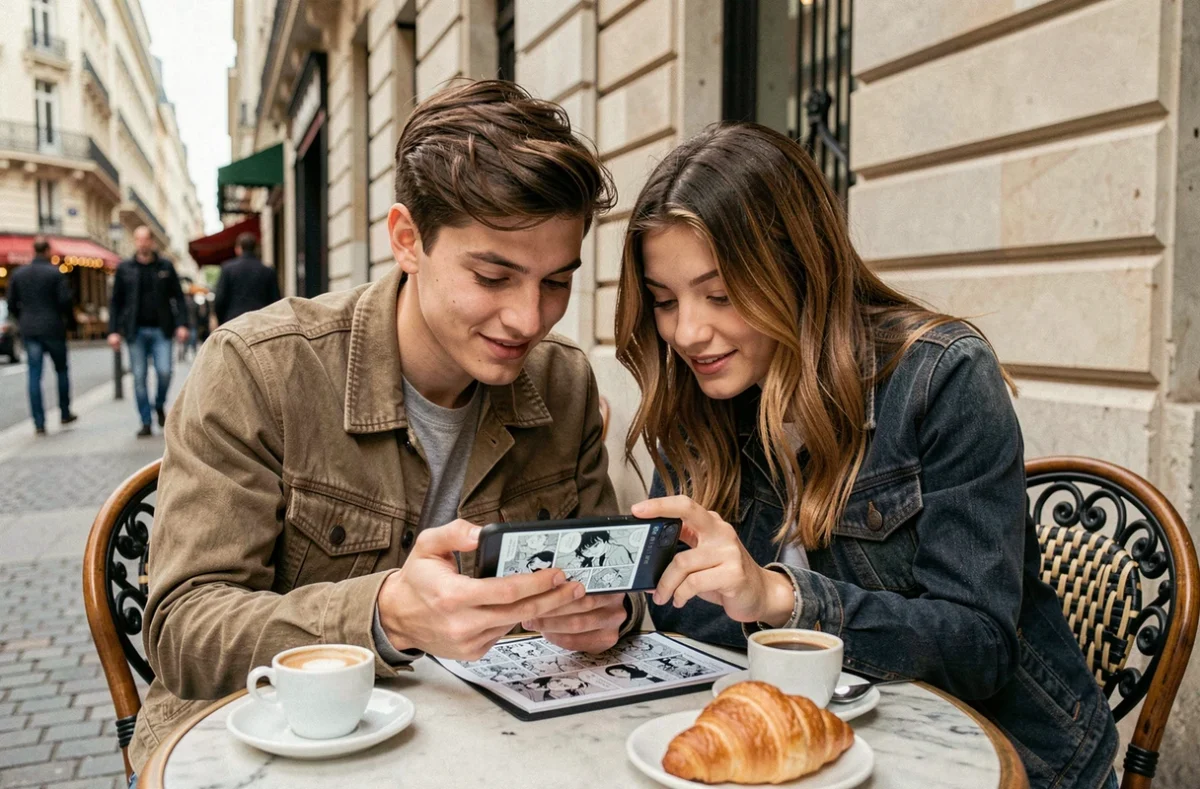 Deux amis partageant la lecture de scans manga sur un smartphone dans un café parisien