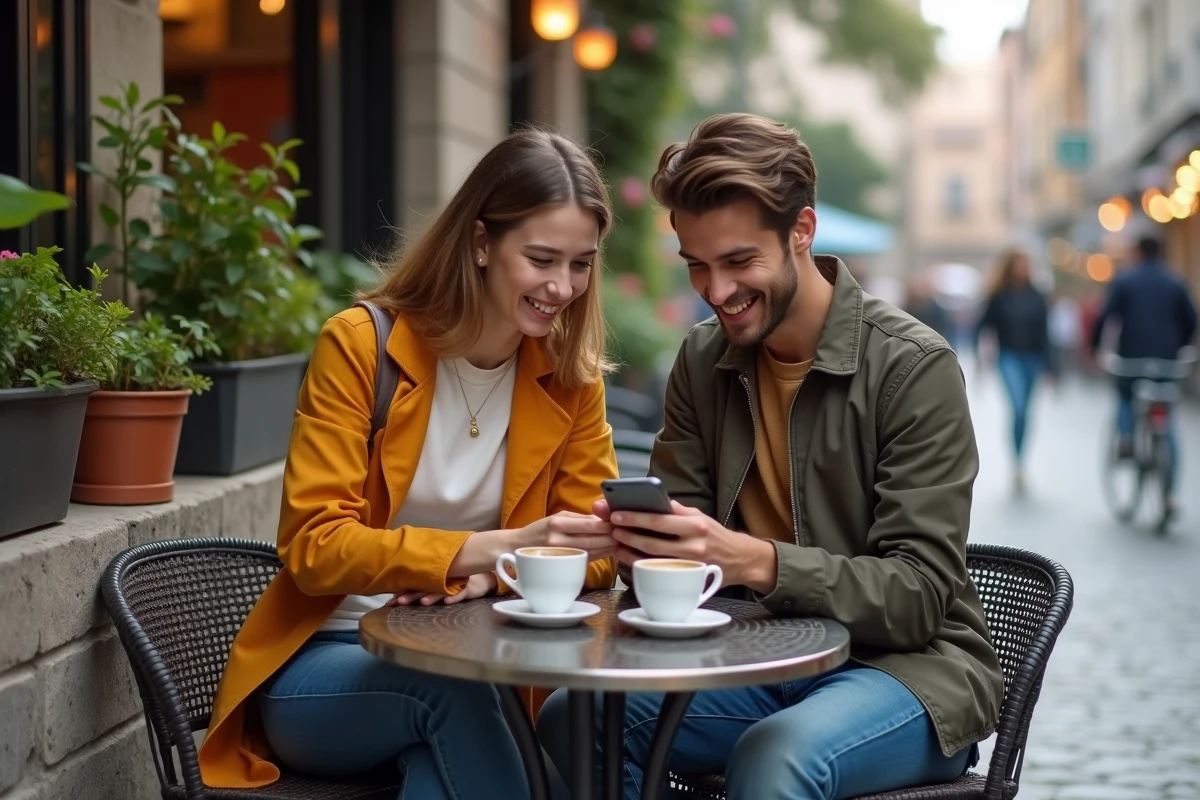 Deux amis partageant la lecture d'un webtoon sur smartphone en terrasse de café en ville