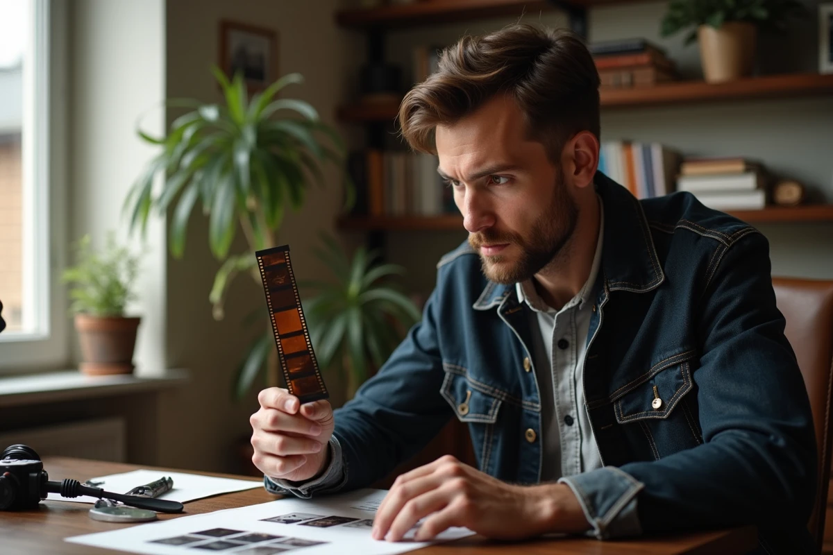 Photographe amateur analysant une pellicule développée issue d'un appareil jetable réutilisable dans un bureau à domicile