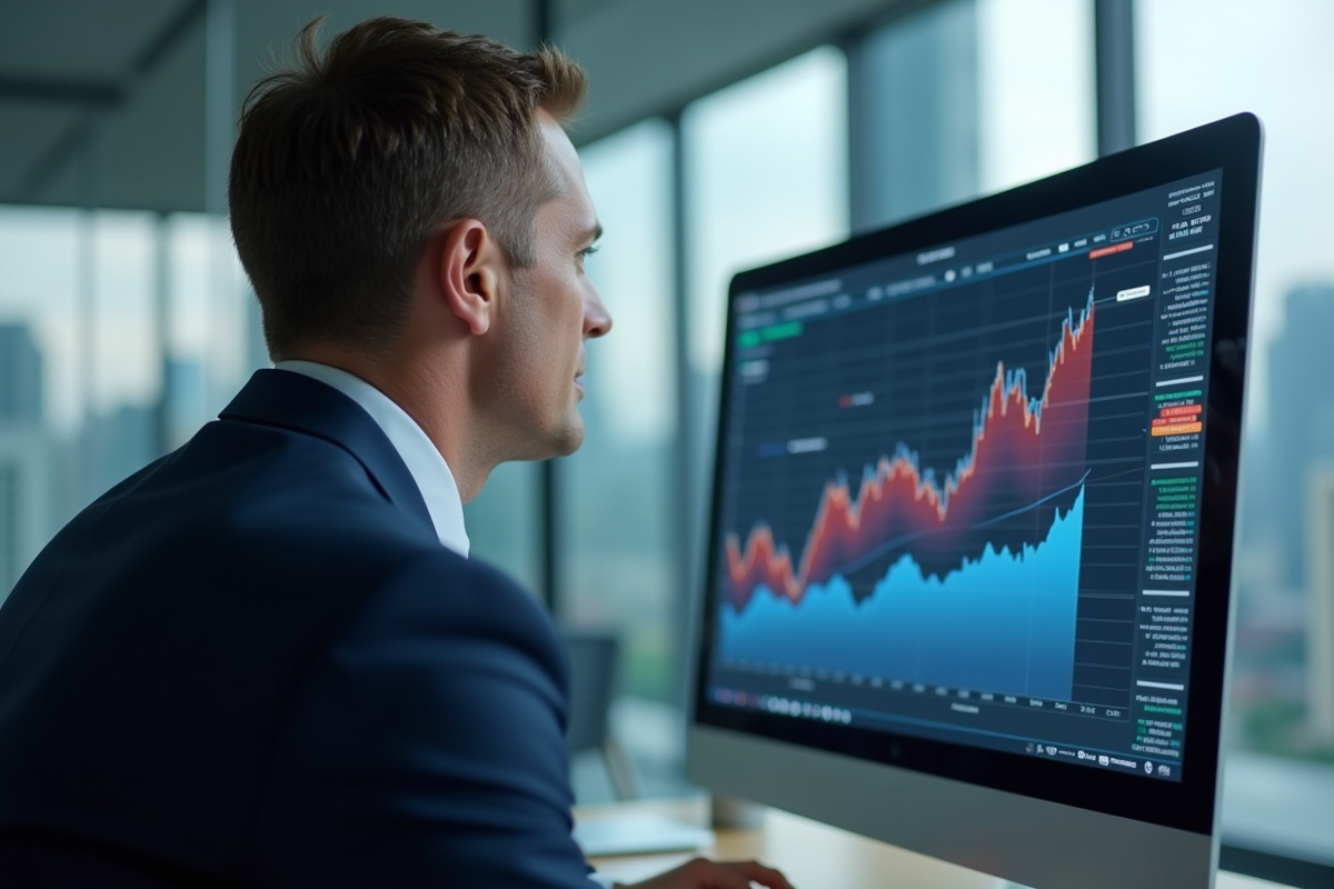 Analyste financier homme regardant un graphique de courbe inversée