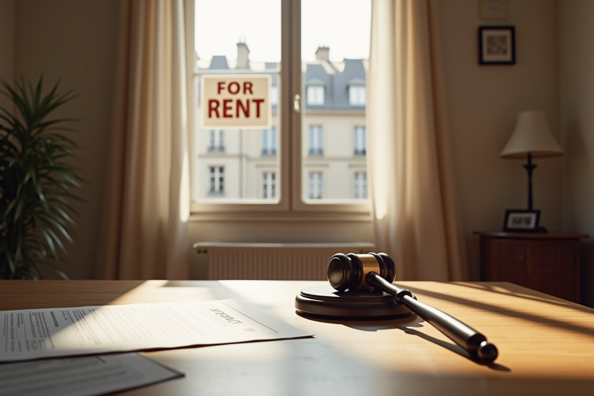 Intérieur d'un appartement parisien avec panneau a louer et documents légaux