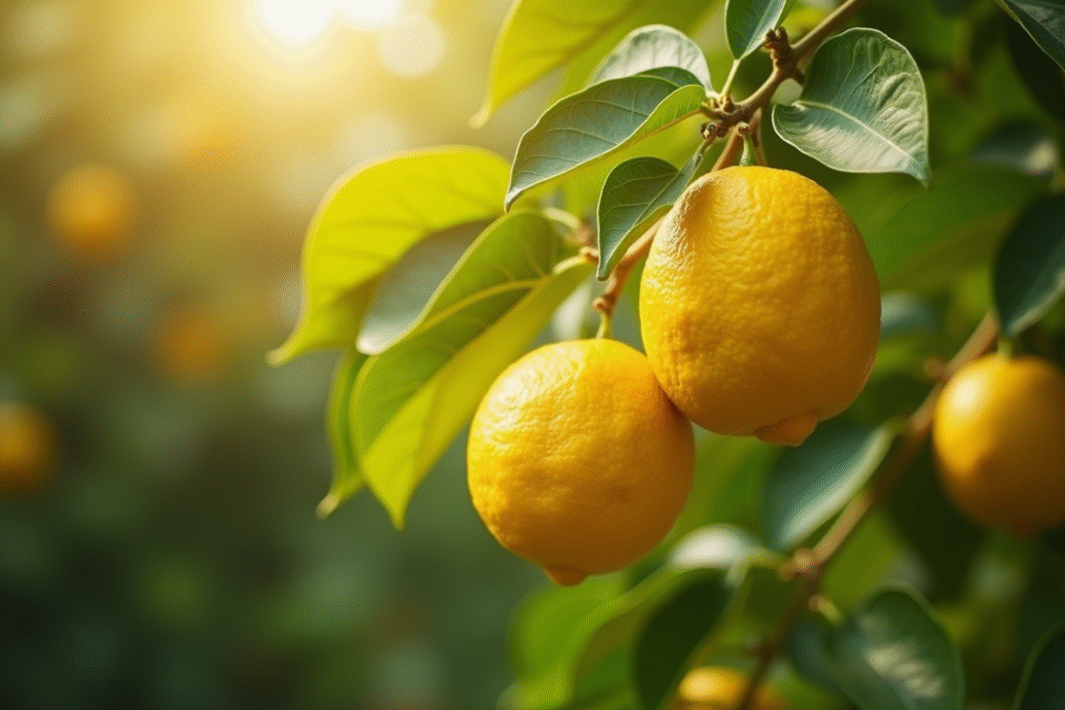 Arbre citronnier avec citrons jaunes et feuilles vertes en plein soleil
