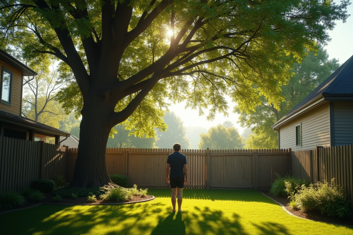 Personne regardant un grand arbre au-dessus d'une clôture