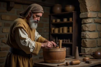 Artisan parisien du XIVe siècle façonnant un tonneau en bois