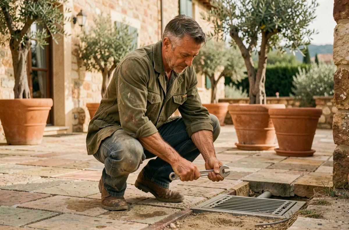 Artisan plombier Atibard travaillant sur un système de drainage extérieur dans une villa niçoise