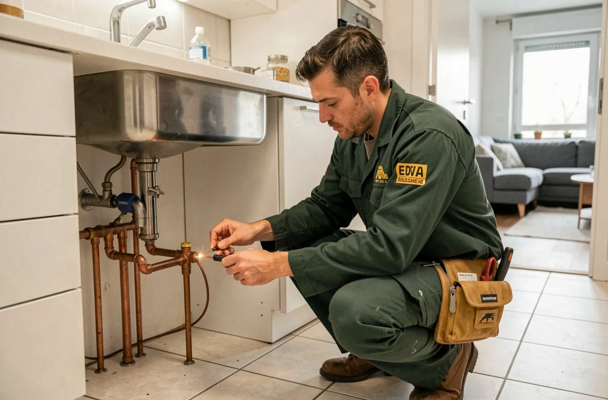 Plombier chauffagiste de l'Atelier Corbier soudant des raccords cuivre sous un évier à Boulogne-Billancourt