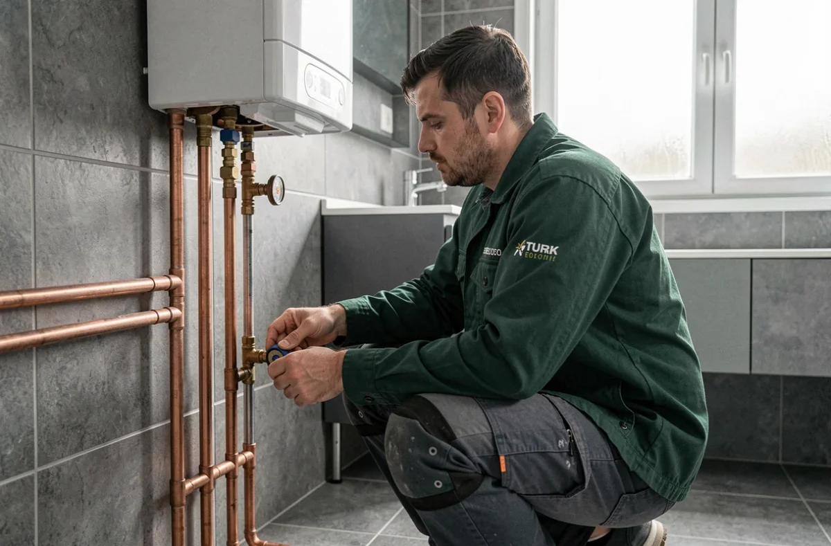 Plombier de l'Atelier Corbier raccordant une chaudière à gaz dans une salle de bain moderne à Puteaux