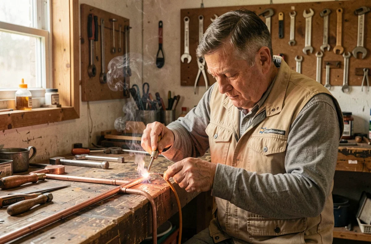Artisan de l'Atelier Louis Burgos SARL en train de souder des tuyaux en cuivre dans un atelier
