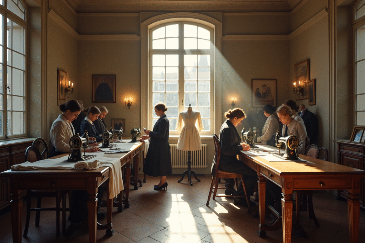 Atelier de couture vintage des années 1920 avec couturières et machines
