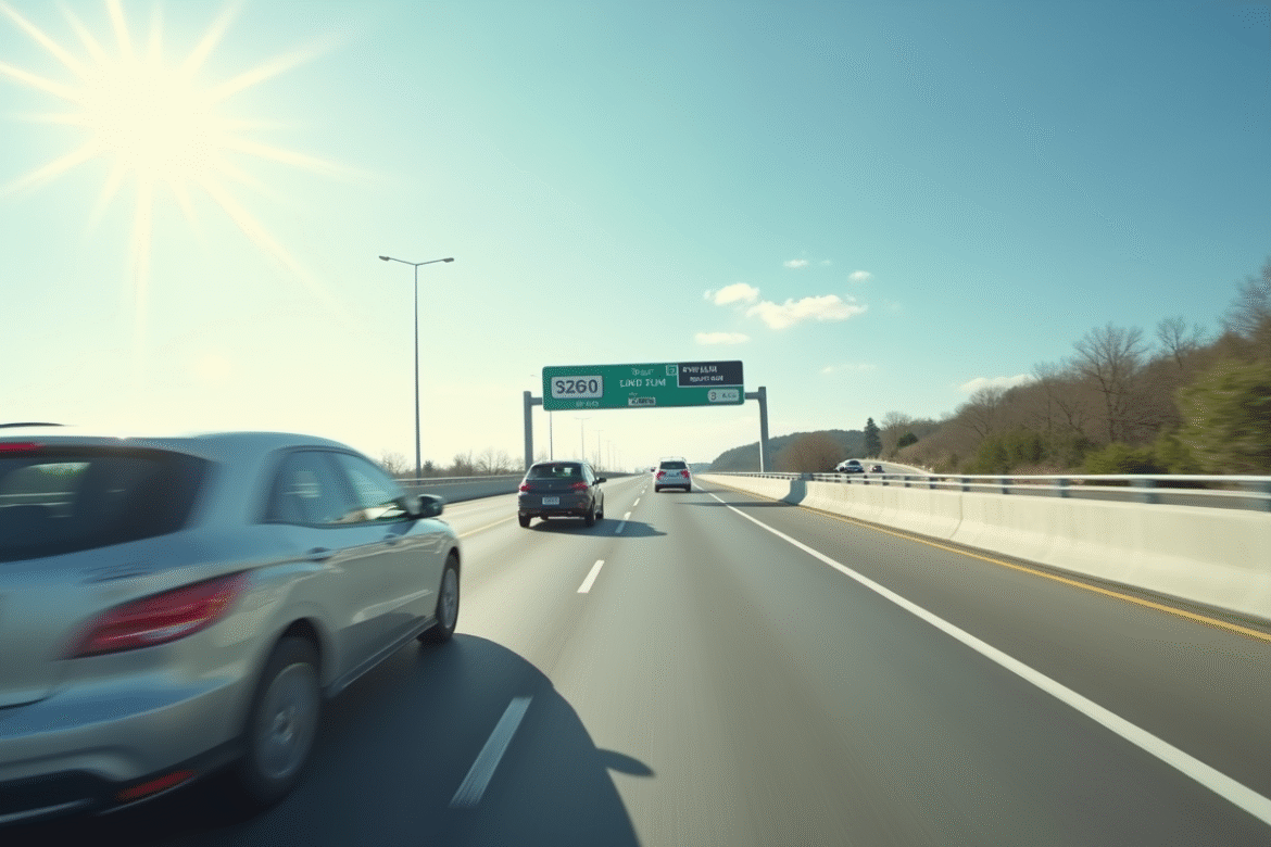 Autoroute ensoleillée avec panneau limiteur de vitesse