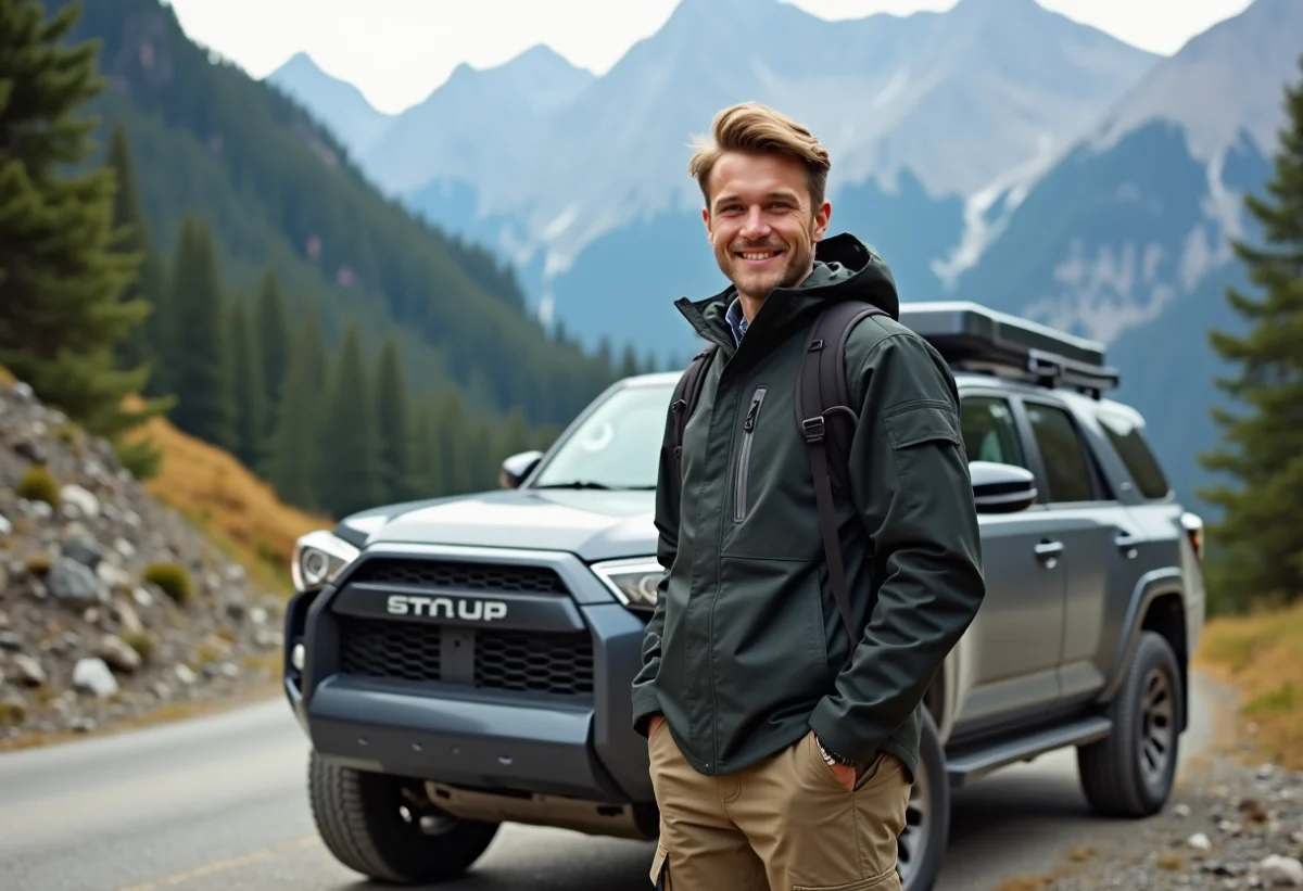 Jeune homme en plein air avec SUV en montagne