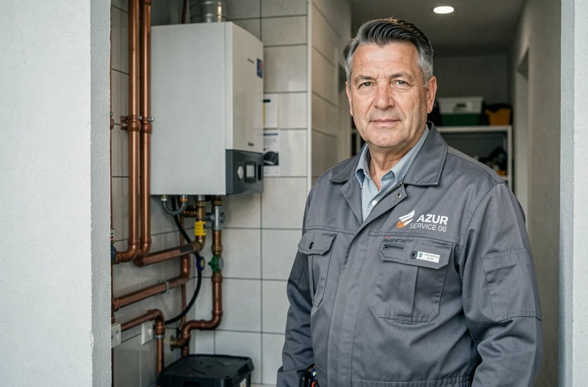 Plombier AZUR SERVICE 06 devant une installation de chauffe-eau dans un immeuble résidentiel de Nice