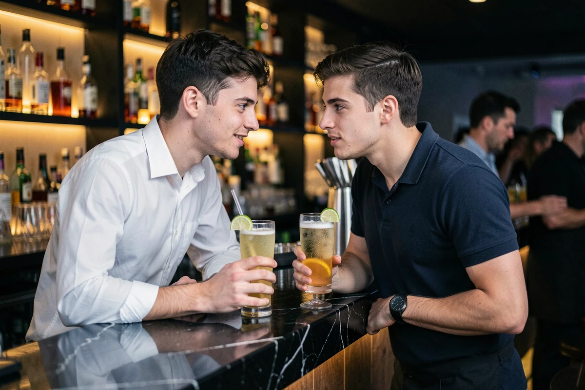 Deux jeunes hommes discutant au bar d'une discothèque de Perpignan, ambiance conviviale lors d'une première sortie en boîte de nuit