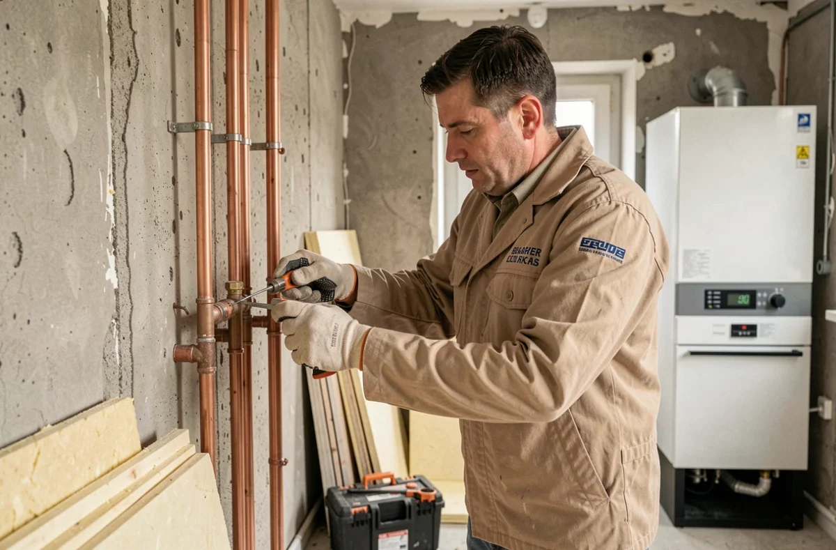 Technicien de Bat Pro Renovation installant des raccords de cuivre sur un système de chauffage en rénovation à Meudon