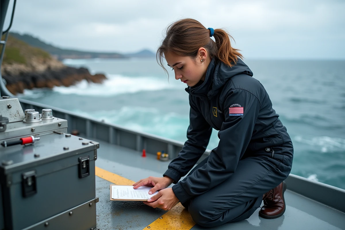 Jeune biologiste marine examinant échantillons en bateau