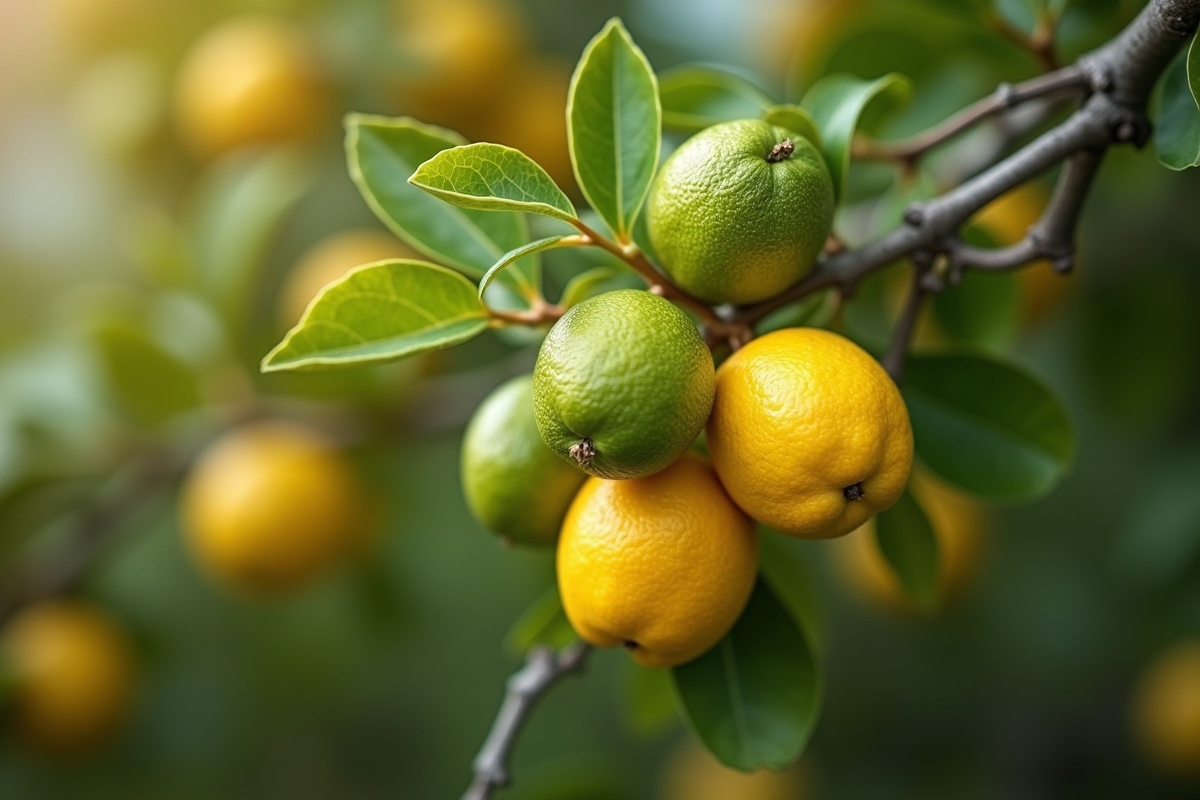 Branche de citronnier avec fleurs jeunes citrons et citrons mûrs