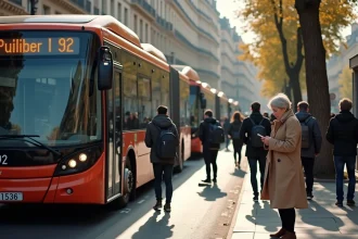 Bus 92 de jour à un arrêt parisien avec des passagers qui montent et descendent