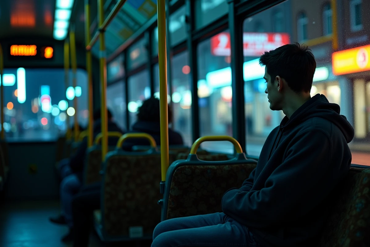 Intérieur du bus 92 la nuit avec un passager regardant les rues illuminées