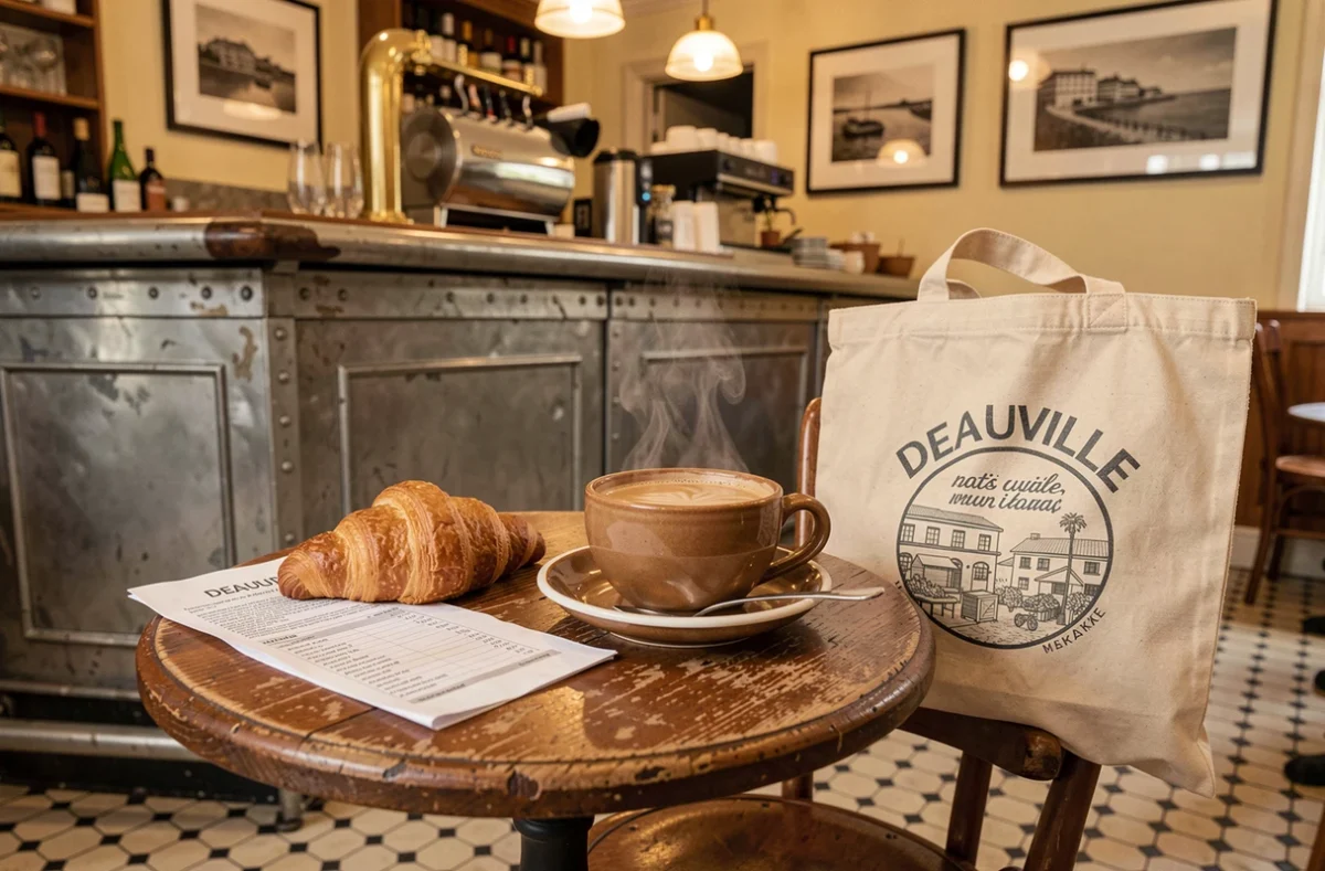 Bol de café au lait et croissant sur une table de brasserie normande après le marché de Deauville