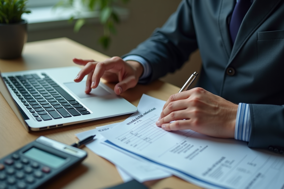 Jeune professionnel calculant salaire avec ordinateur et bloc note