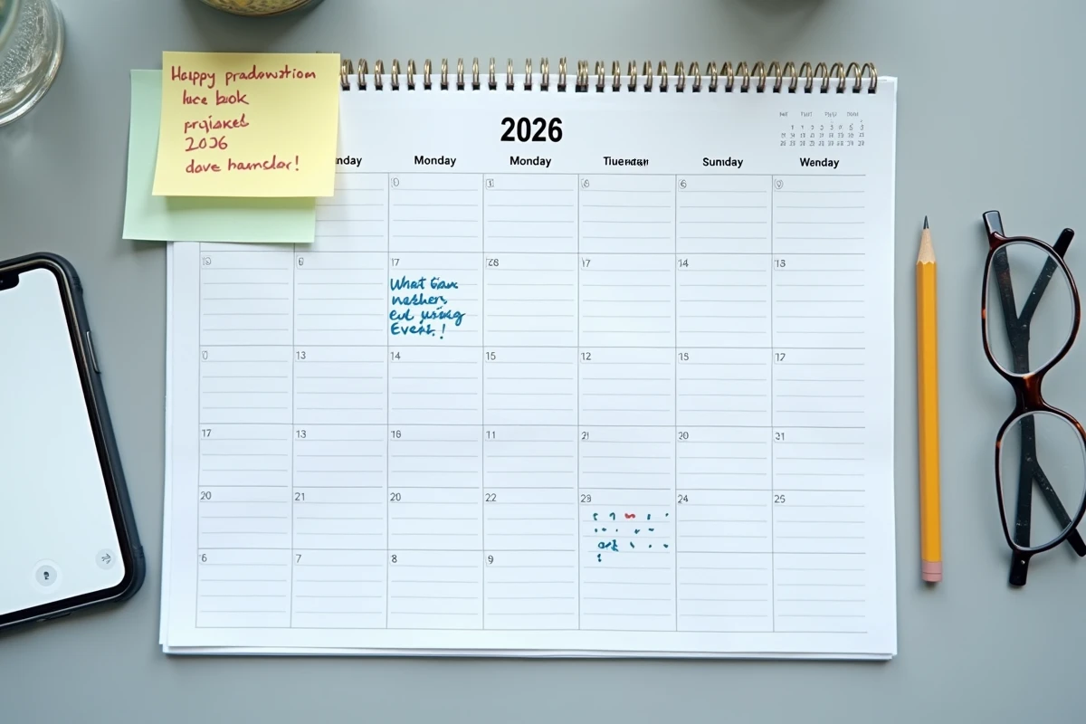 Vue aérienne d'un calendrier 2026 annoté avec les semaines paires entourées pour une garde alternée