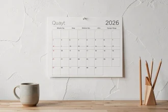 Calendrier trimestriel 2026 minimaliste affiché sur un mur blanc avec bureau en bois et accessoires épurés