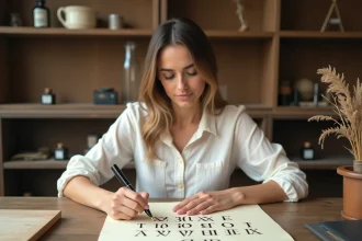 Calligraphe dessinant des chiffres romains à la plume sur carton ivoire pour un logo de mariage