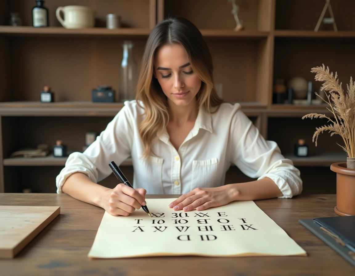 Calligraphe dessinant des chiffres romains à la plume sur carton ivoire pour un logo de mariage