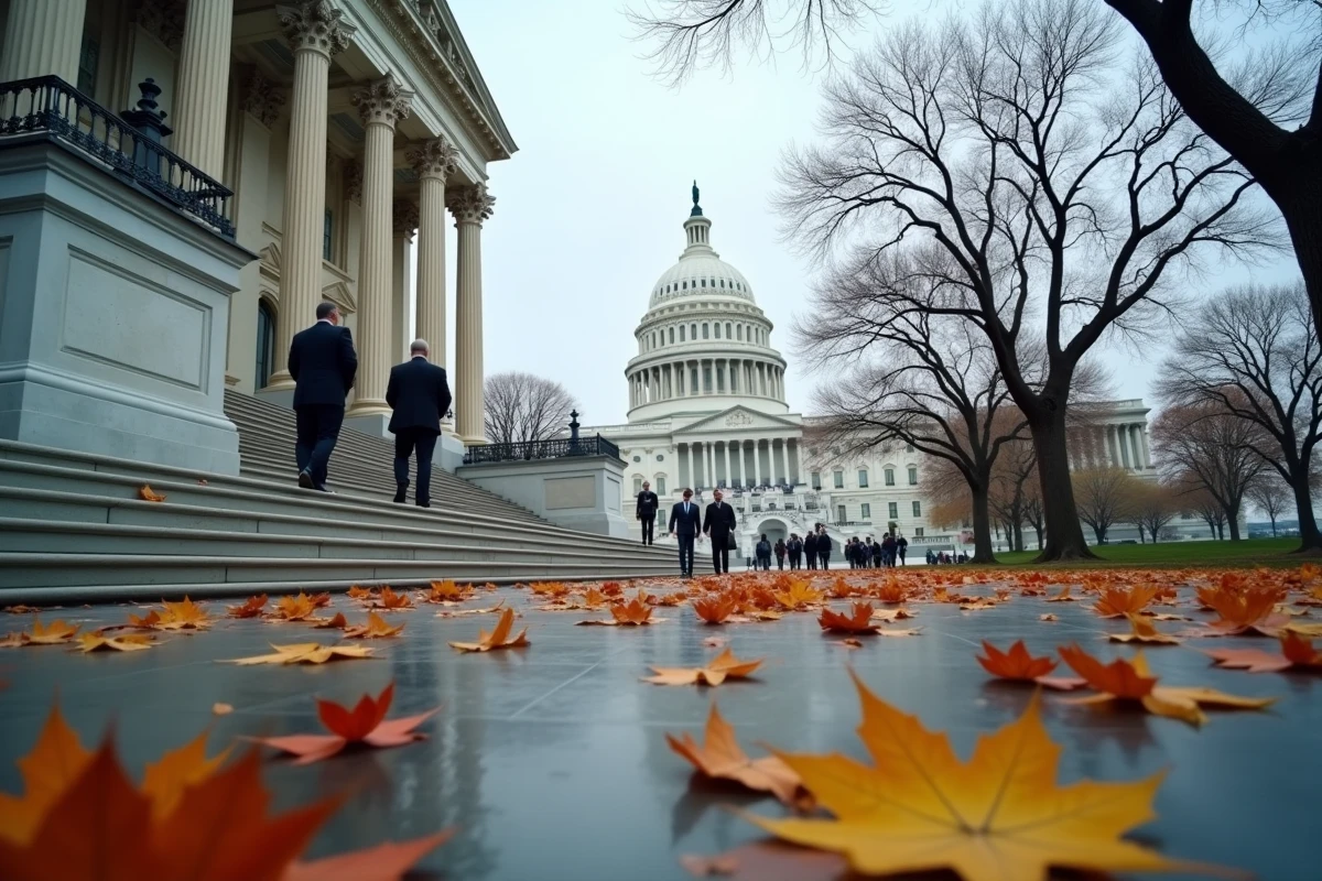 Vue extérieure du Capitole américain en automne avec des officiels en costume, illustrant le pouvoir institutionnel et l'héritage de la politique étrangère américaine