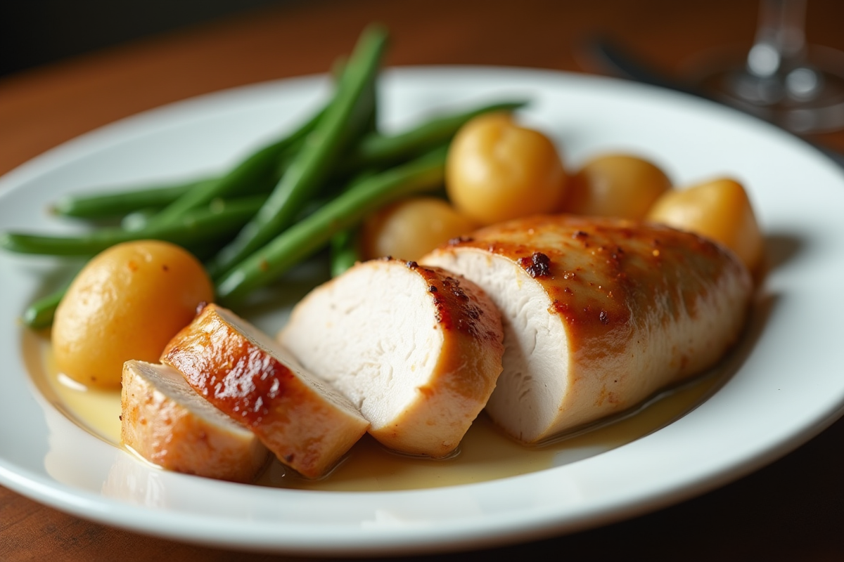 Tranche de chapon servie avec pommes de terre et haricots verts