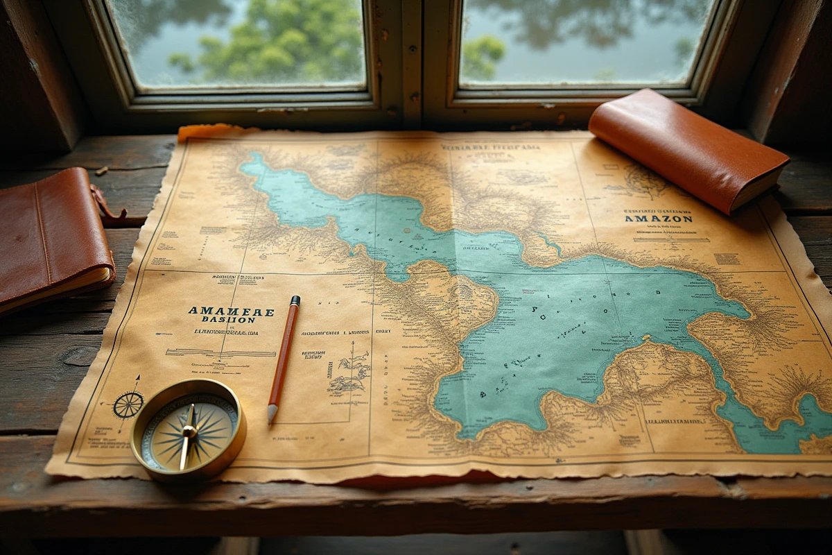 Carte papier vintage du bassin du fleuve Amazone posée sur une table en bois avec boussole en laiton et carnet de notes, vue du dessus