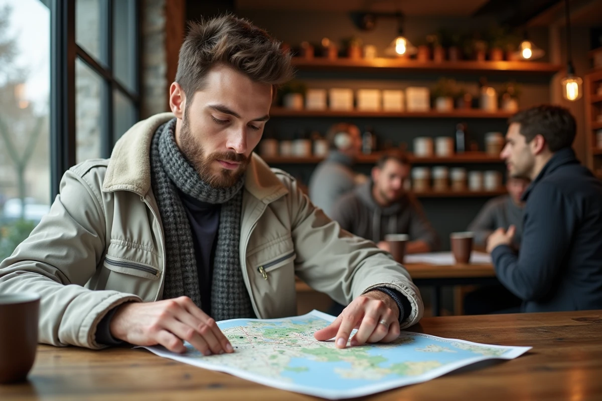 Jeune homme étudiant une carte de Sabradou en café
