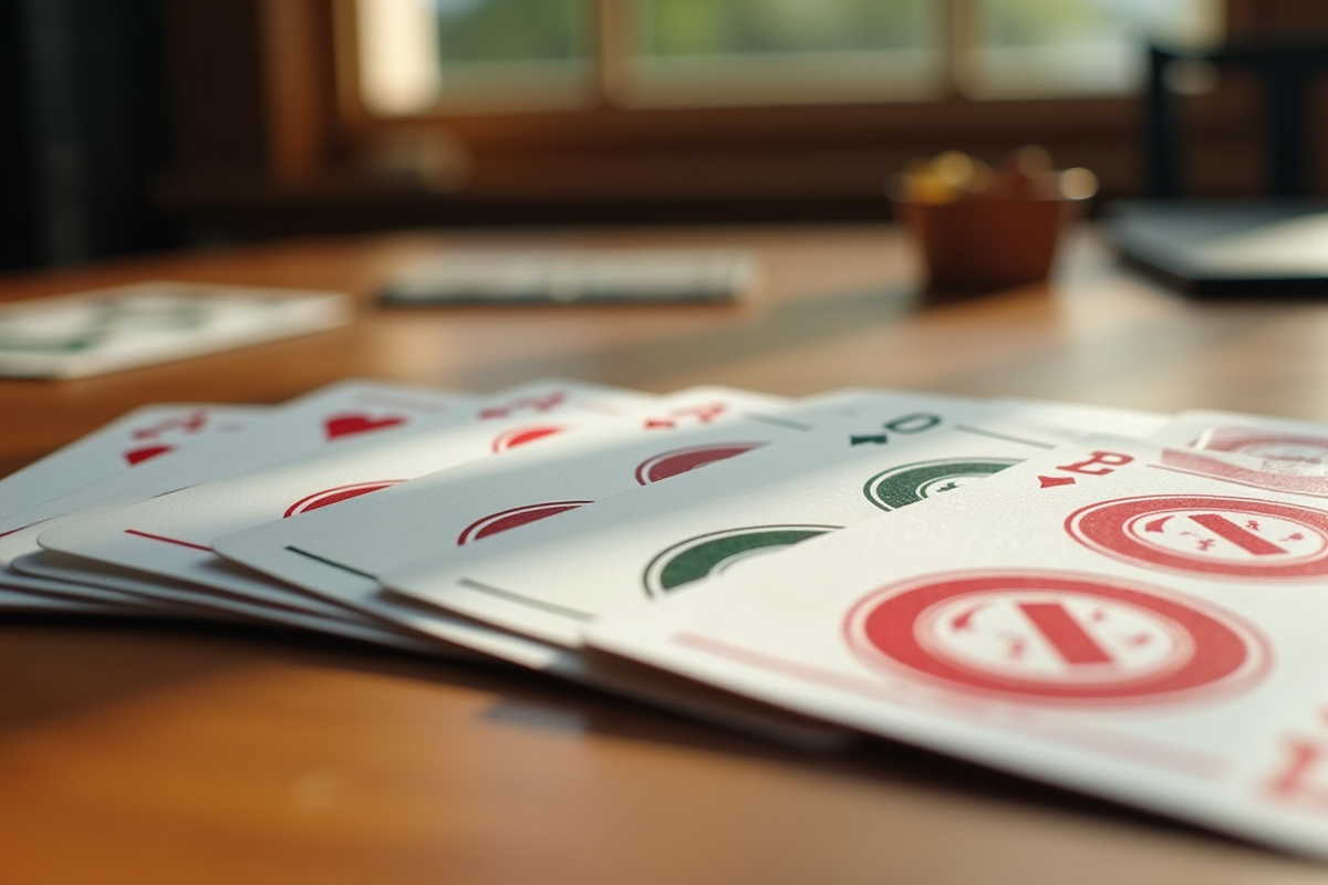 Cartes SkipBo colorées et bien rangées sur une table en bois